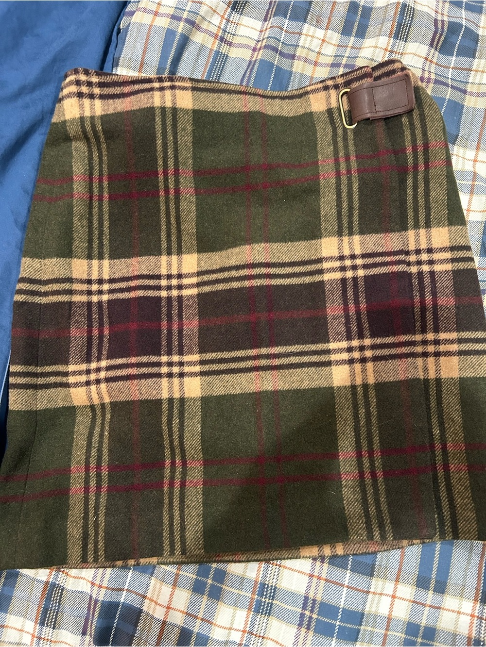 Jones New York Women’s Olive Green Plaid Wool Blend Skirt with Buckle